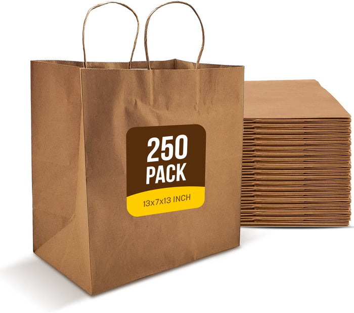 Delta Prime Bags Self-Adhesive Paper Bags with Twisted Handles - 13x7x13, 250 Pack, Kraft