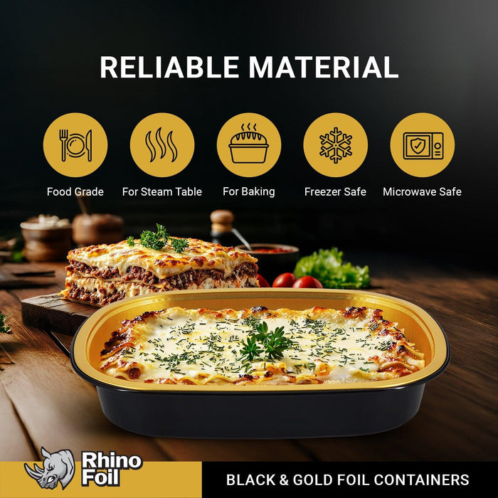 Rhino-Foil - Large (64oz) Black & Gold Foil Cont. w/ Clear Dome Lid
