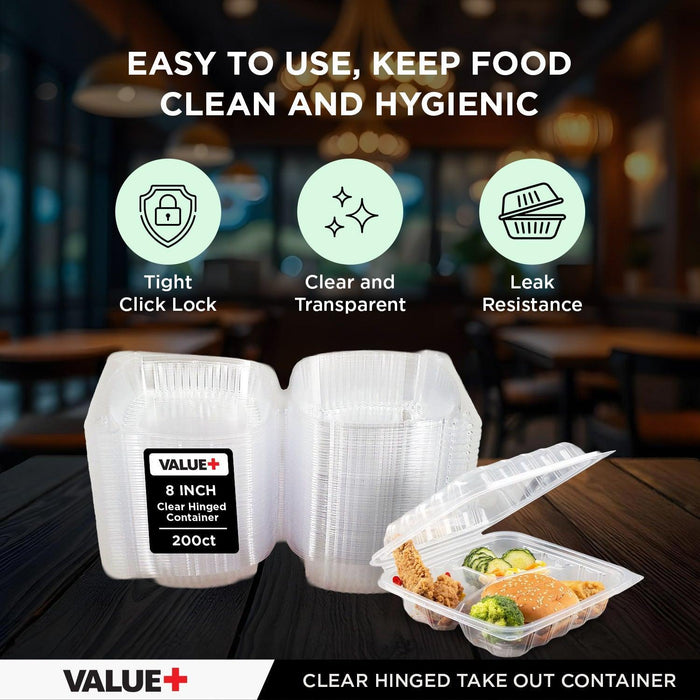 CLR - Value+ - Dual Lock - 8 in Medium Clear Hinged Containers - 3 Comp - CV883