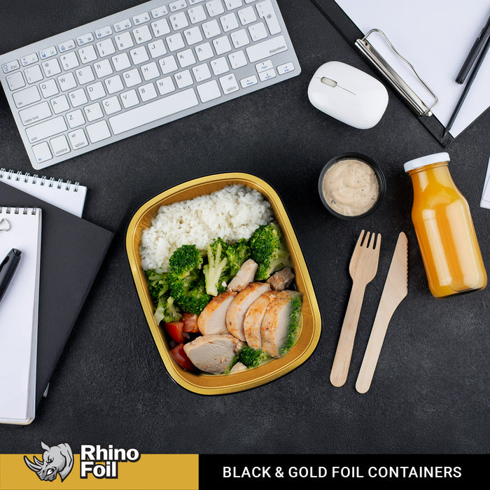 Rhino-Foil - Large (64oz) Black & Gold Foil Cont. w/ Clear Dome Lid