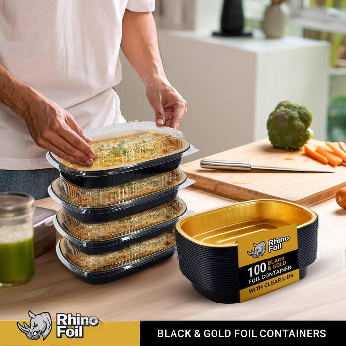 Rhino-Foil - Large (64oz) Black & Gold Foil Cont. w/ Clear Dome Lid