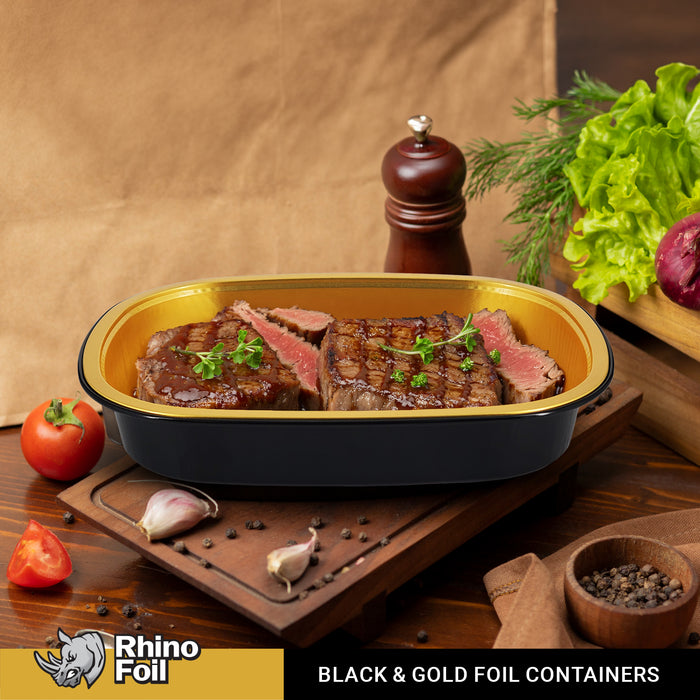 Rhino-Foil - Medium (53oz) Black & Gold Foil Cont. w/ Clear Dome Lid
