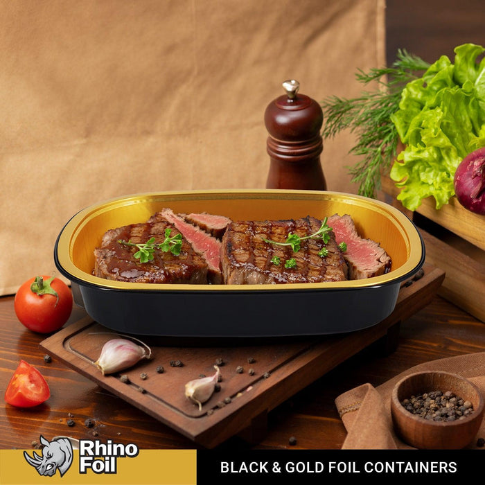 Rhino-Foil - Large (64oz) Black & Gold Foil Cont. w/ Clear Dome Lid