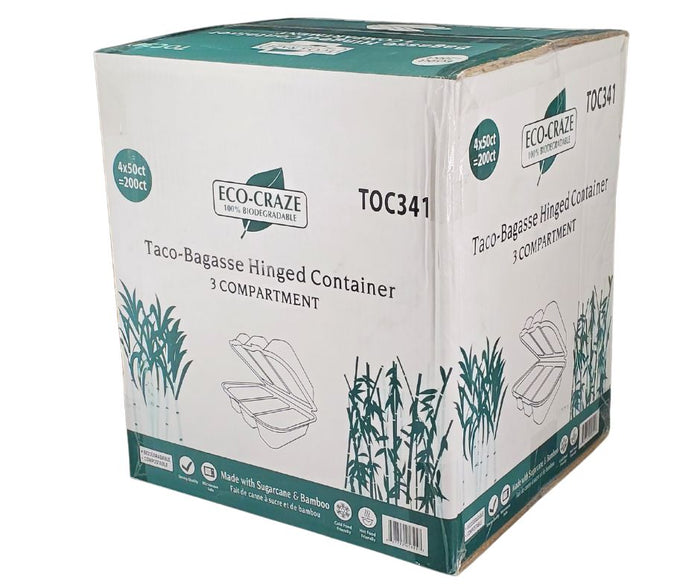 Eco-Craze - Taco - Bagasse Hinged Container - 3 COMPARTMENT