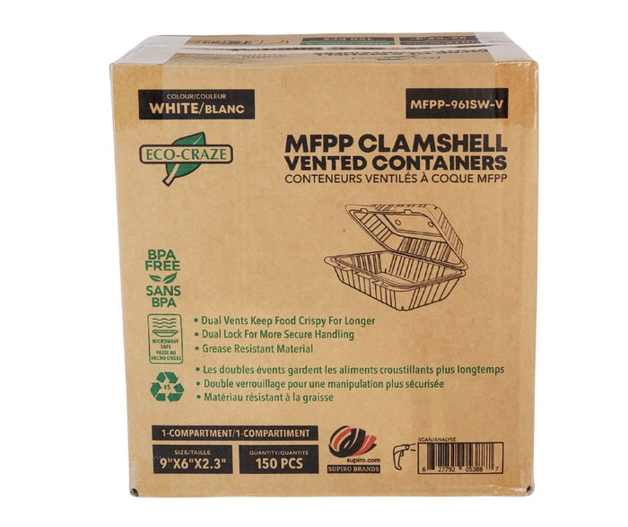 Eco-Craze - MFPP Clamshell Container - 9x6x2.6 - Double Lock - Vented - White
