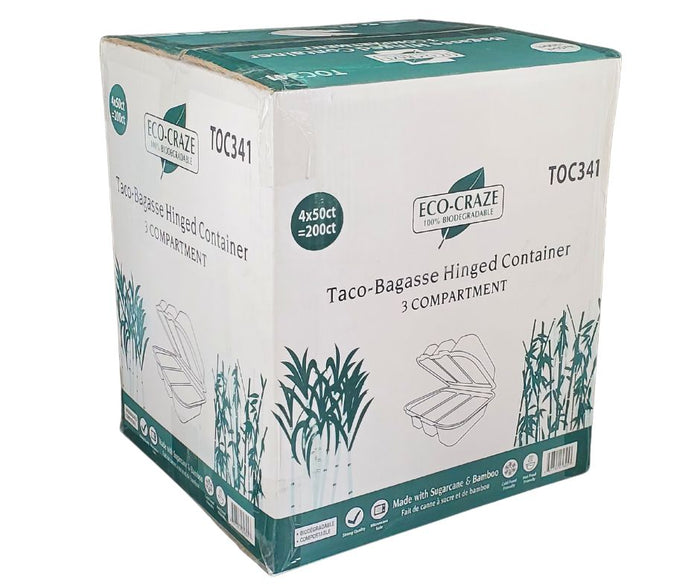 Eco-Craze - Taco - Bagasse Hinged Container - 3 COMPARTMENT