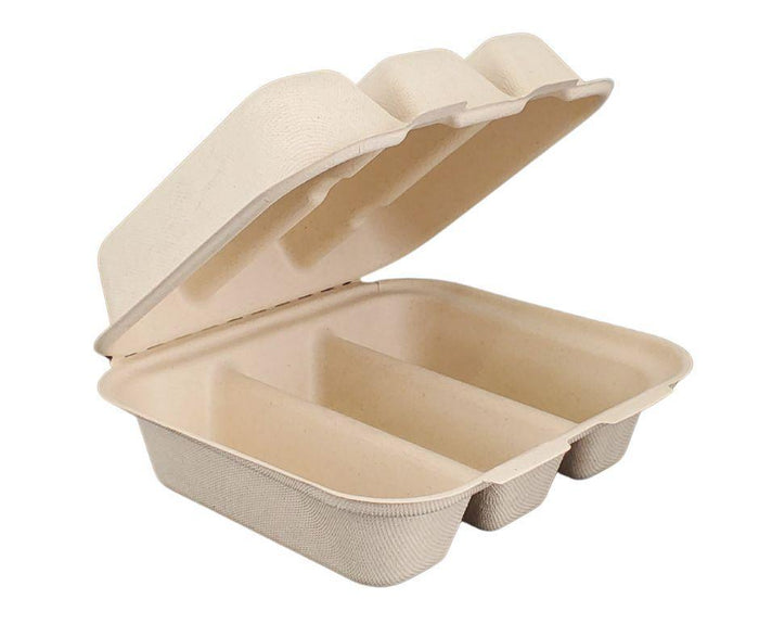 Eco-Craze - Taco - Bagasse Hinged Container - 3 COMPARTMENT