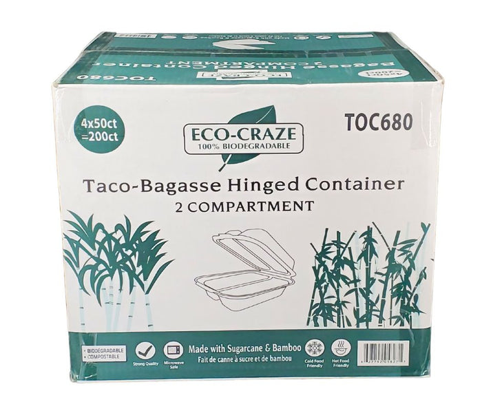 Eco-Craze - Taco - Bagasse Hinged Container - 2 COMPARTMENT