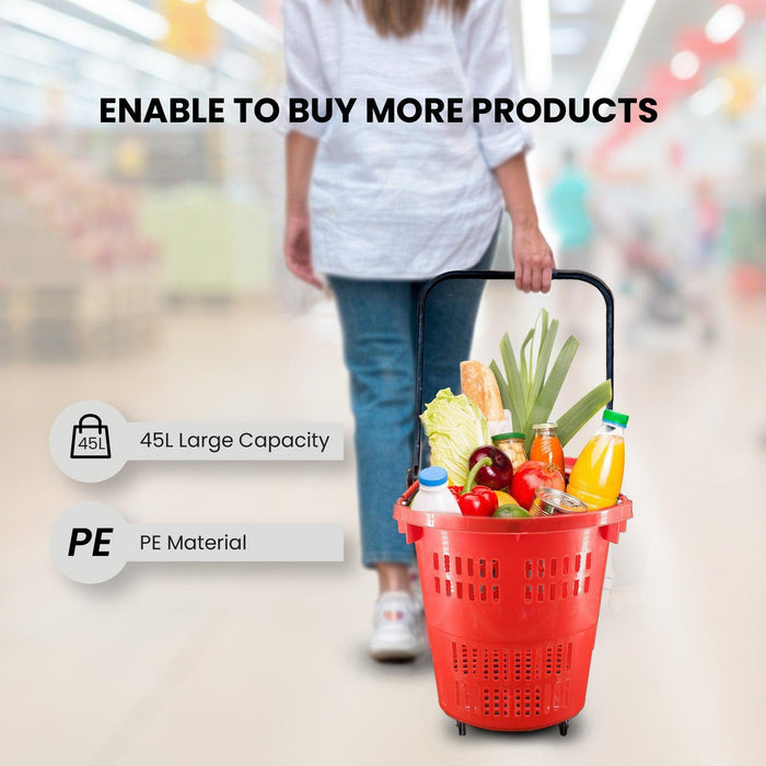 45 L Shopping Basket - Handle & Wheels - RED