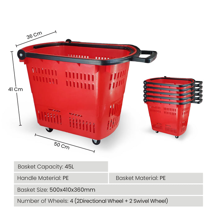 45 L Shopping Basket - Handle & Wheels - RED