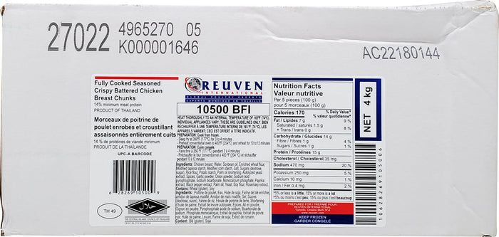 Frozen - Reuven - Cooked - Battered Chicken Breast Chunks - Halal