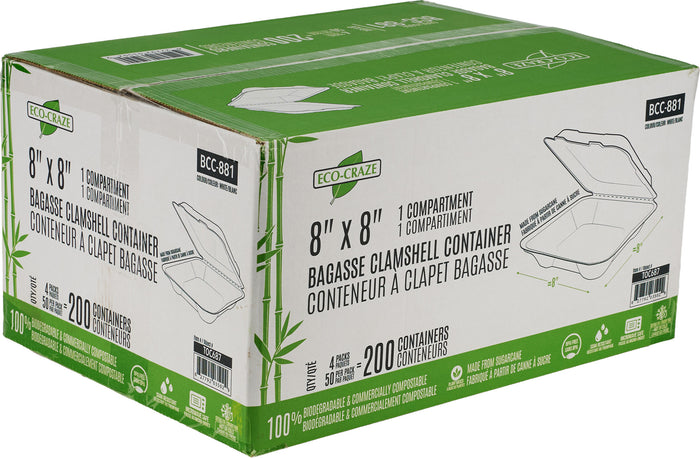 Eco-Craze - 8x8 Bagasse Clamshell Container