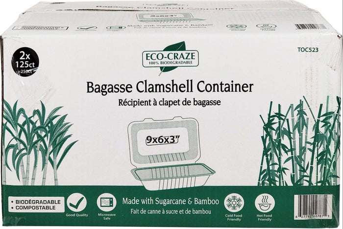 Eco-Craze - 9x6x3 Bagasse Clamshell Container