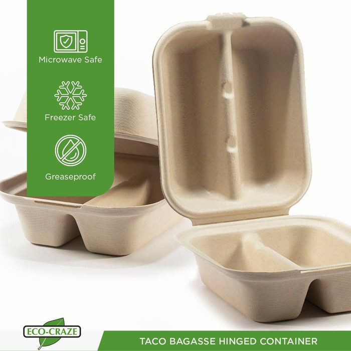Taco Containers - Bagasse Hinged 2-Compartment | Canada-wide Delivery