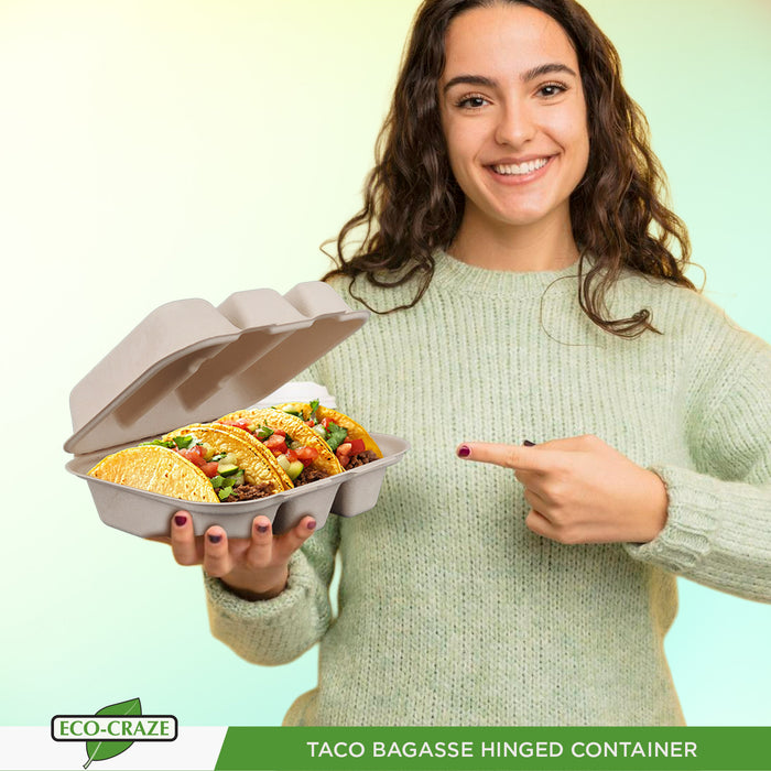 Eco-Craze - Taco - Bagasse Hinged Container - 3 COMPARTMENT