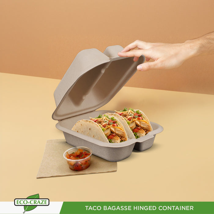 Eco-Craze - Taco - Bagasse Hinged Container - 2 COMPARTMENT