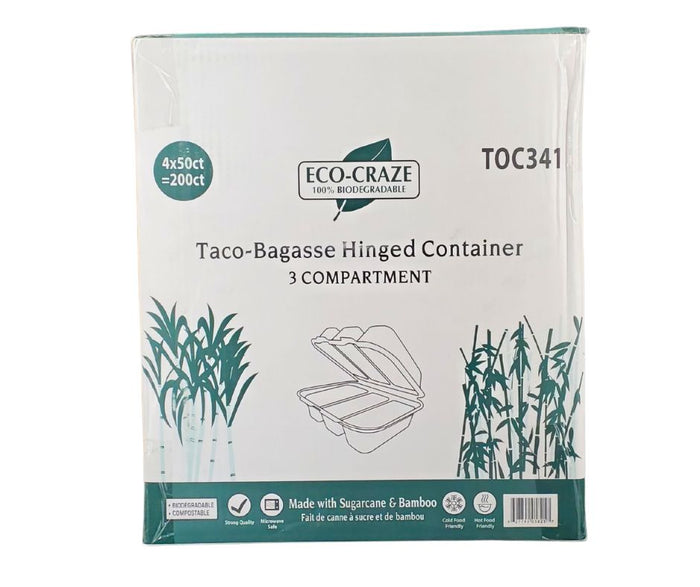 Eco-Craze - Taco - Bagasse Hinged Container - 3 COMPARTMENT