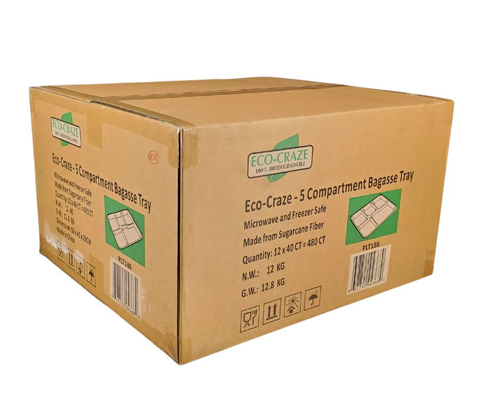 Eco-Craze - 5 Compartment Bagasse Tray (Thali) - Retail Pack