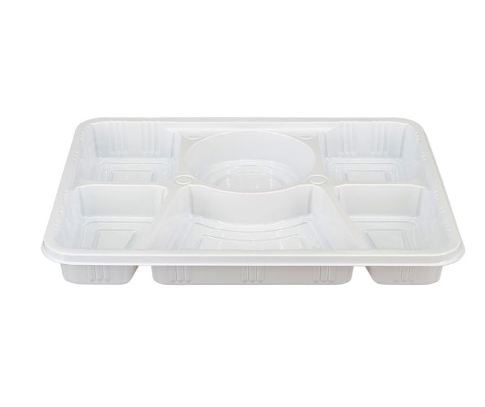 Plastic Tray (Thali) - 6 Compartment - White 20 pk