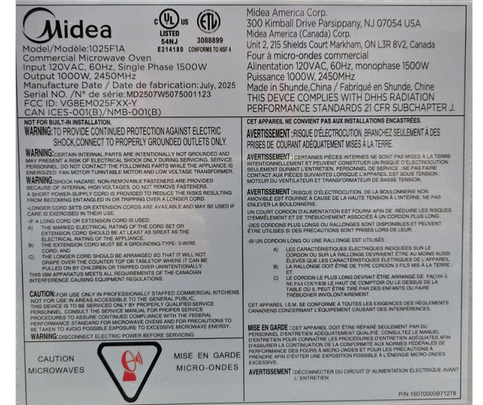 Midea - Commercial Microwave - 1000W - 0.9 CF