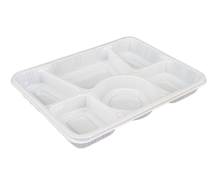 Plastic Tray (Thali) - 6 Compartment - White