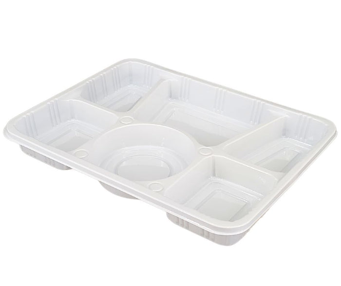 Plastic Tray (Thali) - 6 Compartment - White