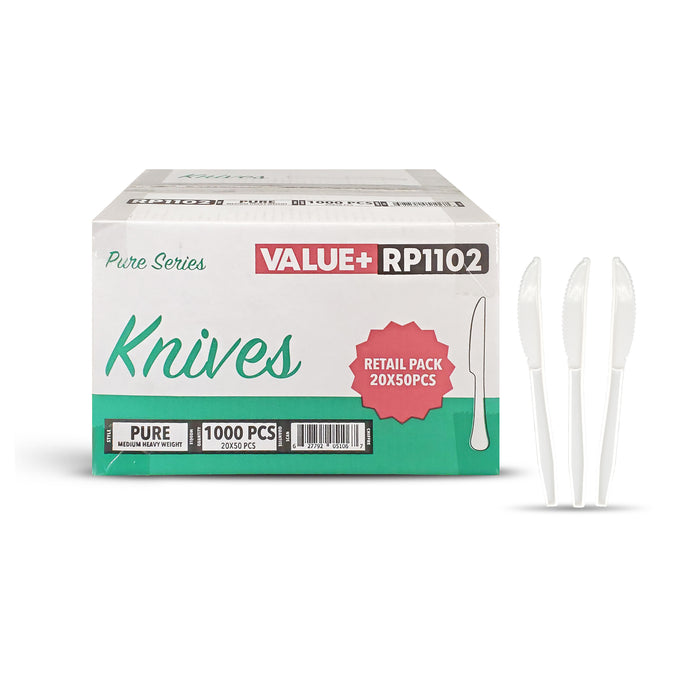 CLR - Value+ - Medium Heavy - Plastic Knife - White - Retail Pack - RP1102
