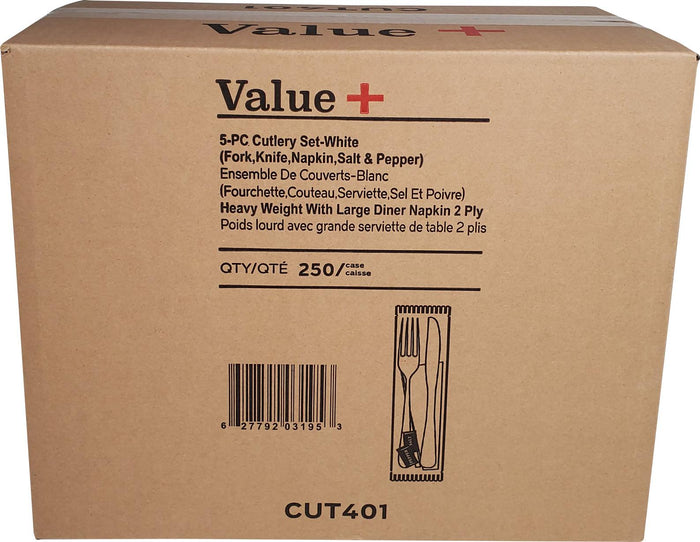 Value+ - White 5pc Cutlery Kit - Fork/Knife/Napkin/S&P