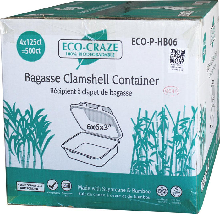 Eco-Craze - 6x6 Bagasse Clamshell Container