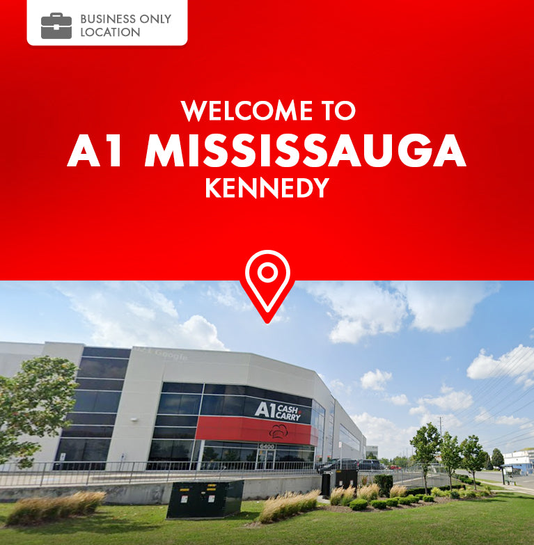 Welcome to A1 Mississauga Kennedy. This is a business only location. Exterior of the A1 Cash and Carry Mississauga Kennedy store.