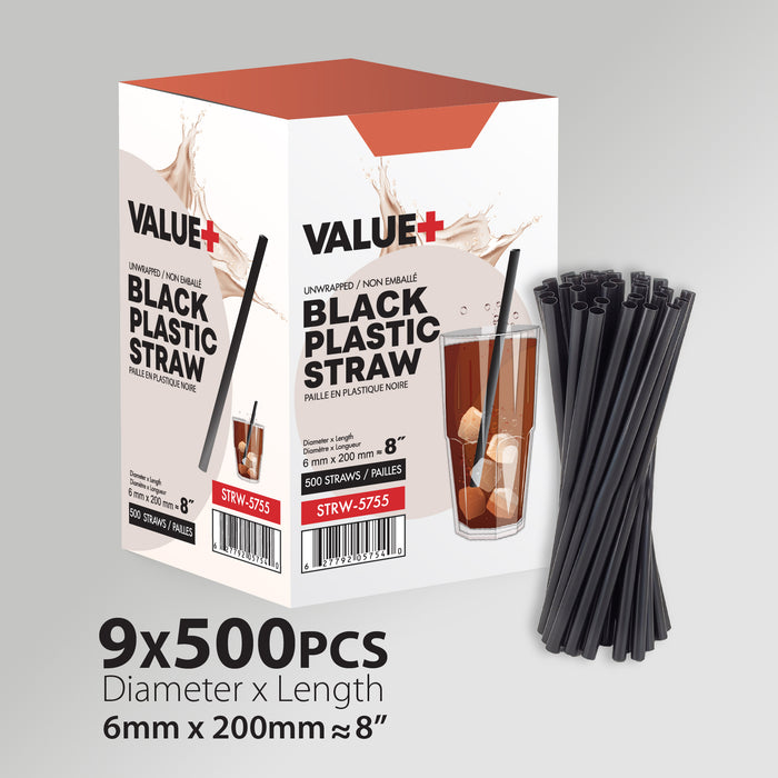 Value+ - 8'' - Black Plastic Straw - 6 mm