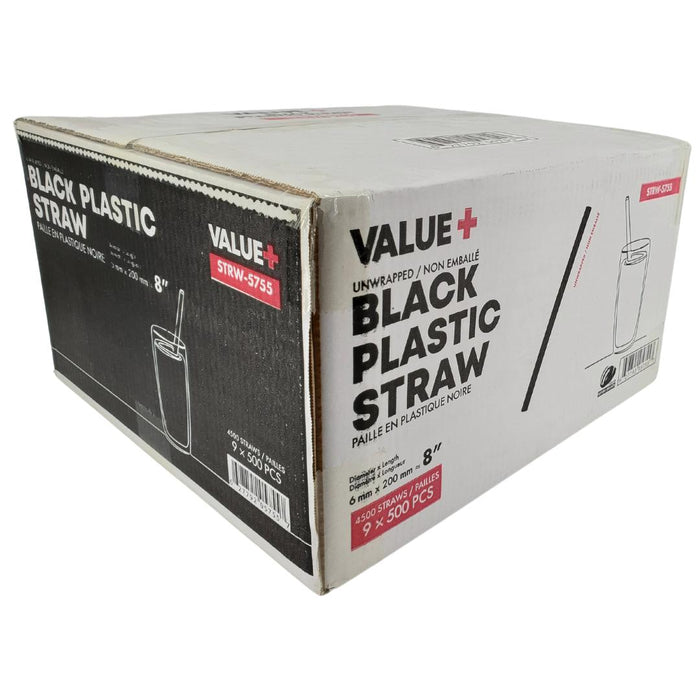 Value+ - 8'' - Black Plastic Straw - 6 mm
