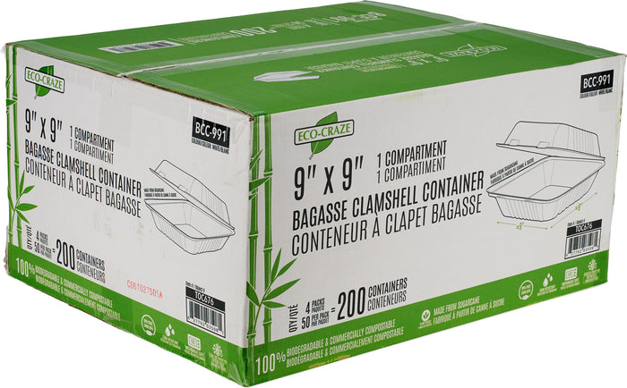 Eco-Craze - 9X9 Bagasse Clamshell Container