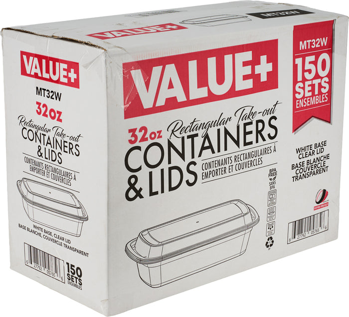Value+ - 32oz Rectangular White Plastic Container