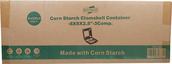 XE - Eco-Craze - Corn Starch Clamshell Container - 8X8 - 3 Comp