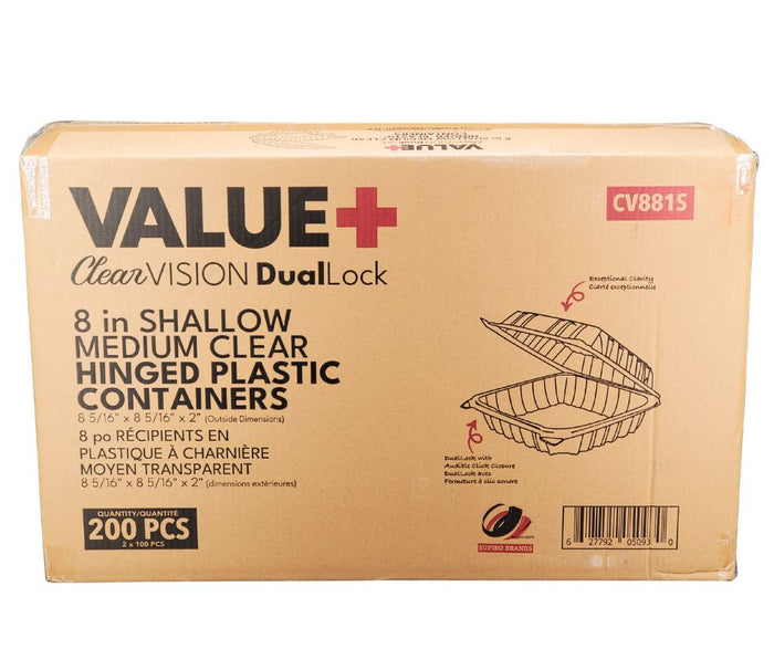 Value+ - Dual Lock - 8in Shallow Medium Clear Hinged Containers - CV881S