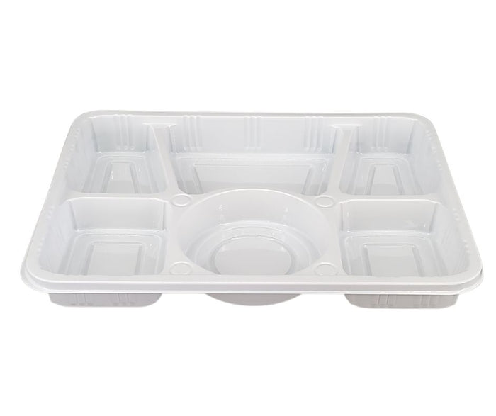 Plastic Tray (Thali) - 6 Compartment - White