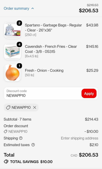 A1 App checkout showing the NEWAPP10 discount code applied, with $10 in total savings.