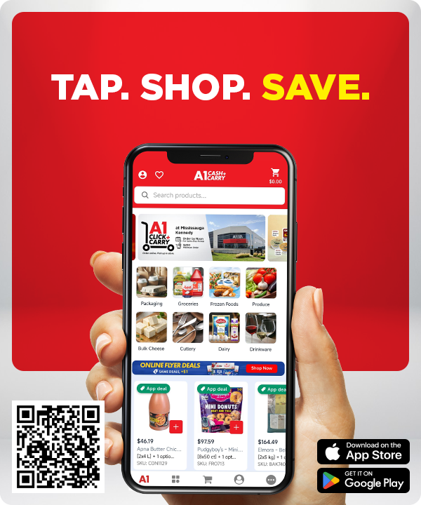 A1 Cash and Carry app promotion showing the mobile shopping app, QR code, and App Store and Google Play download options.