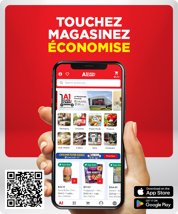 Promotion de l’application A1 Cash and Carry montrant l’application mobile, un code QR et les options de téléchargement dans l’App Store et Google Play.
