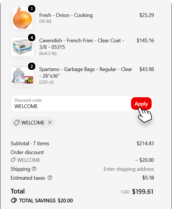 A1 Cash and Carry website checkout showing the WELCOME discount code applied, with $20 in total savings.