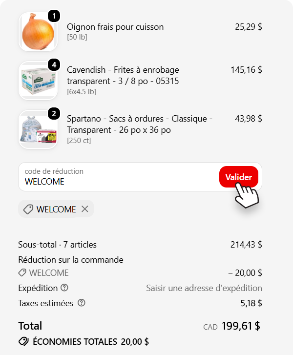 Paiement sur le site Web d’A1 Cash and Carry montrant le code de réduction WELCOME appliqué, avec 20 $ d’économies totales.