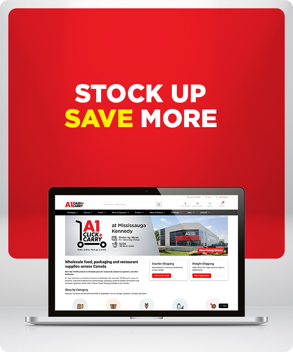 A1 Cash and Carry online shopping promotion showing the website on a laptop with the message “Stock Up Save More.”