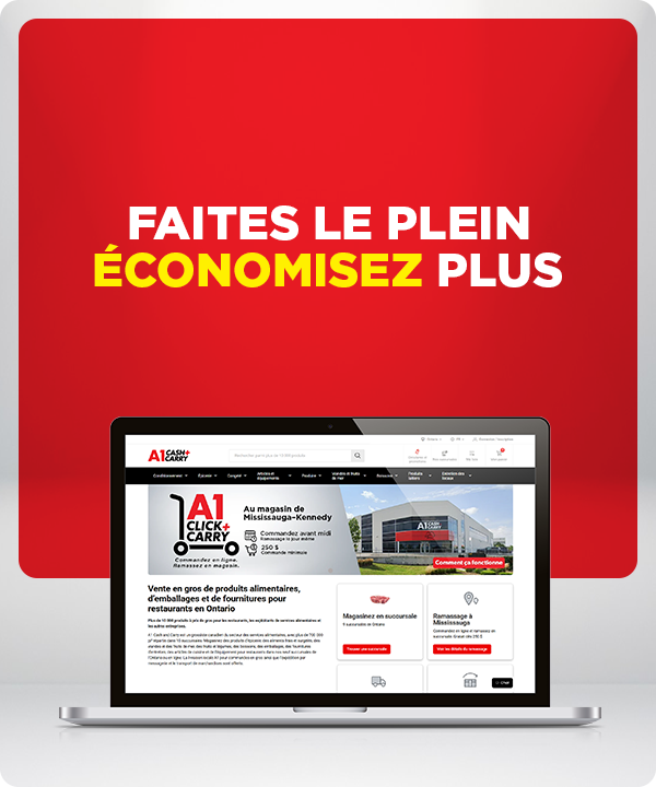 Promotion des achats en ligne A1 Cash and Carry montrant le site Web sur un ordinateur portable avec le message « Faites le plein, économisez plus ».