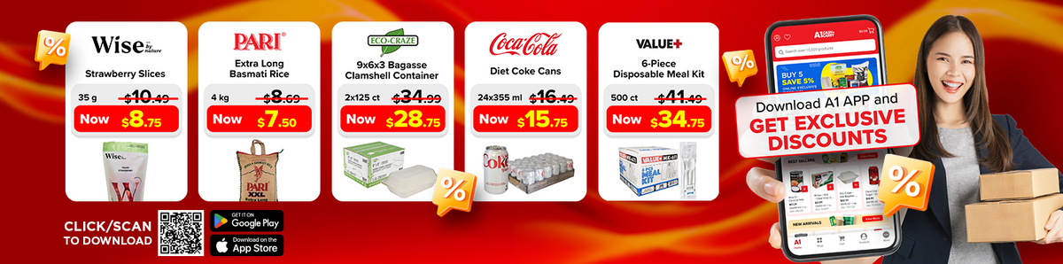A1 App homepage banner promoting exclusive discounts on Wise strawberry slices, Pari basmati rice, Eco-Craze containers, Diet Coke, and Value+ meal kits.