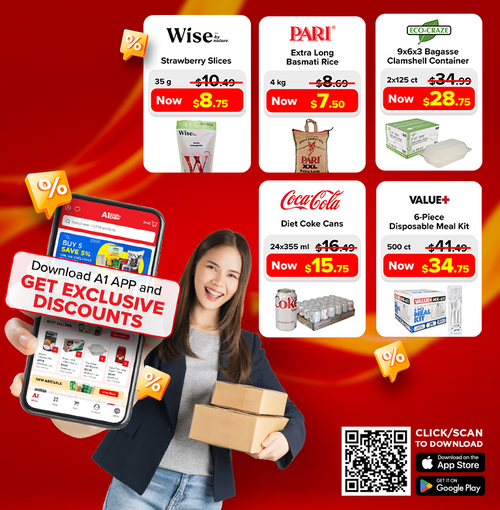 A1 App homepage banner promoting exclusive discounts on Wise strawberry slices, Pari basmati rice, Eco-Craze containers, Diet Coke, and Value+ meal kits.