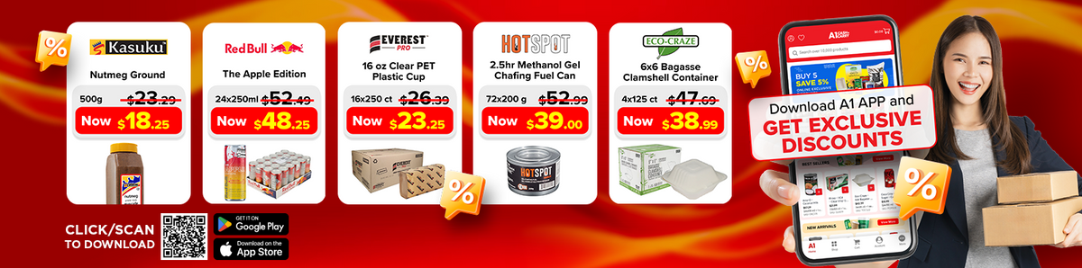 A1 App homepage banner promoting exclusive discounts on Kasuku Nutmeg Ground, Red Bull The Apple Edition, Everest Pro - Paper Hand Towel - Single Fold - Kraft - SF4000K, Hot Spot - Chafing Fuel - Methanol Gel - 2.5 Hours, and Eco-Craze - 6x6 Bagasse Clamshell Container.