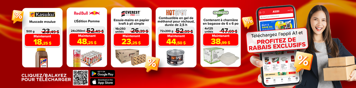 Bannière d'accueil de l'appli A1 présentant des rabais exclusifs sur Kasuku Nutmeg Ground, Red Bull The Apple Edition, les essuie-mains en papier à pli simple Kraft Everest Pro SF4000K, le combustible à réchaud Hot Spot en gel de méthanol – 2,5 heures, et le contenant à clapet en bagasse 6 x 6 Eco-Craze.
