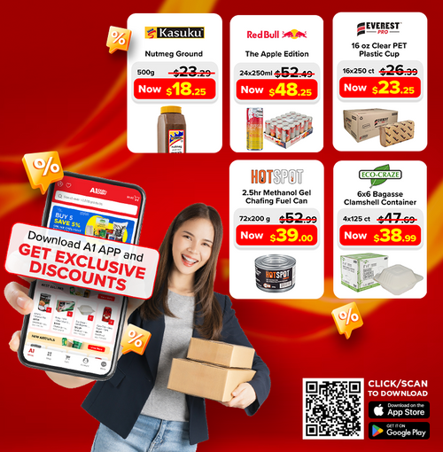 A1 App homepage banner promoting exclusive discounts on Kasuku Nutmeg Ground, Red Bull The Apple Edition, Everest Pro - Paper Hand Towel - Single Fold - Kraft - SF4000K, Hot Spot - Chafing Fuel - Methanol Gel - 2.5 Hours, and Eco-Craze - 6x6 Bagasse Clamshell Container.