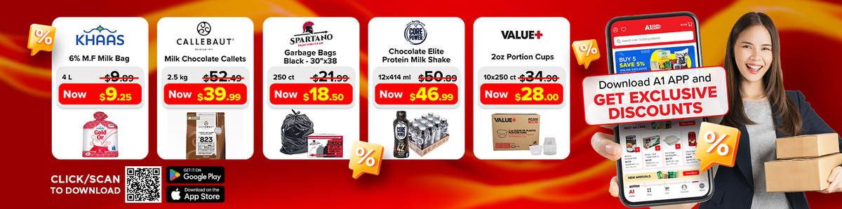 A1 App homepage banner promoting exclusive discounts on Milk Bag, Milk Chocolate Callets, Garabage Bags Black - 30 x38, Choclate Elite Protein Milk Shake and 2oz Portion Cups.
